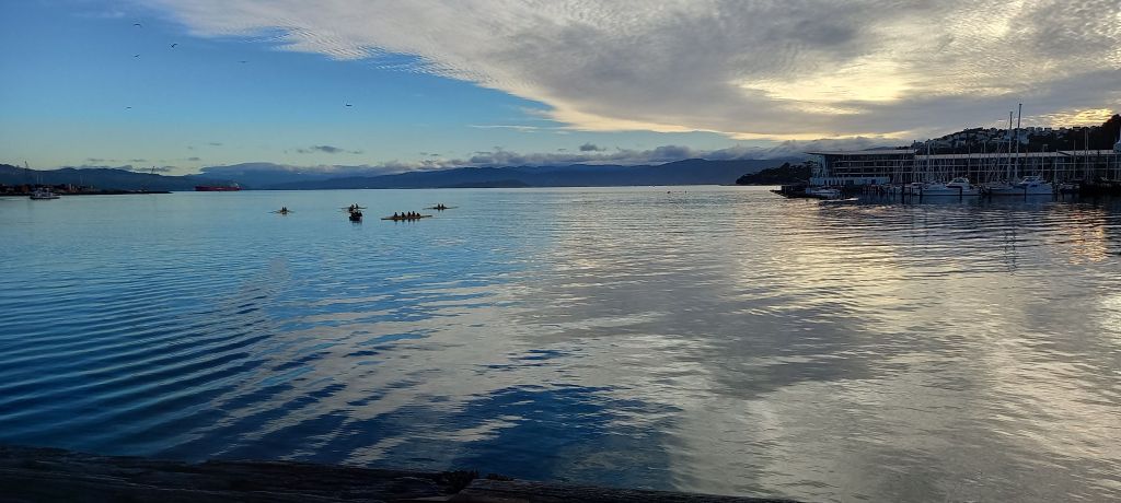 Photo of clouds reflecting in the blue waters of Wellington Harbour waterfront. There are rowing squads training in the waters.